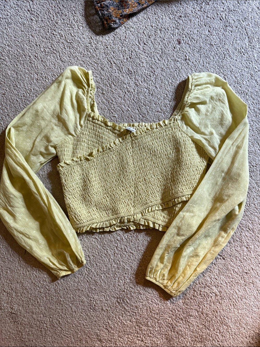 American Eagle Outfitters Pale Yellow Smocked Square-Neck Crop Top